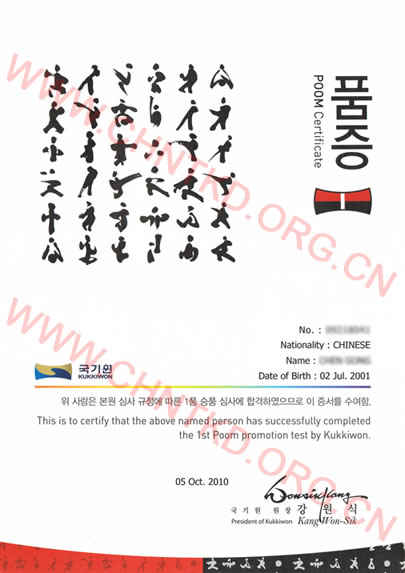新版国技院品位证书